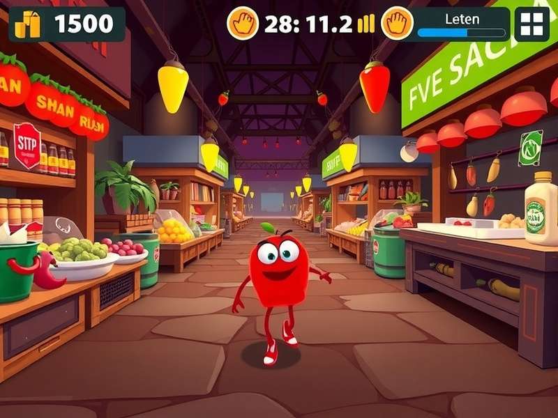 Pepper Rush Adventure gameplay screenshot showing a character running through a spicy market